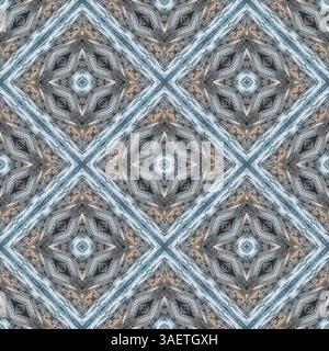Ein faszinierendes, nahtloses Kaleidoskop-Muster mit komplexen geometrischen Formen und kühlen Tönen. Perfekt für abstrakte Hintergründe, moderne Textilien, Stockfoto
