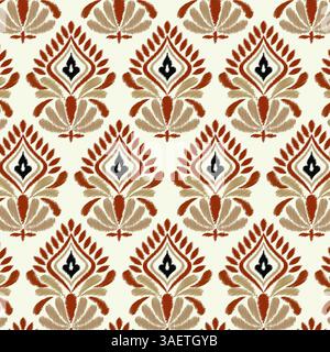 Ein reichhaltiges, nahtloses Muster mit traditionellen indischen Paisley- und Damastmotiven. Das elegante, symmetrische Design in Erdtönen ist perfekt für ethnische Verhältnisse Stockfoto