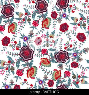 Ein kunstvolles, nahtloses Blumenmuster, inspiriert von traditionellem persischem Chintz. Mit detailreichen Blüten und Laub in leuchtenden Farben, perfekt für den Geschmack Stockfoto