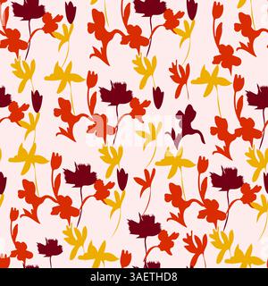Ein lebendiges, nahtloses abstraktes Blumenmuster mit stilvollen Silhouetten in warmen Herbstfarben. Perfekt für zeitgenössische Textilien, auffällige Hintergründe, Stockfoto