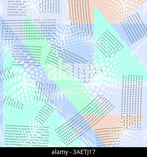Modernes abstraktes geometrisches Muster mit pastellblauen, grünen und pfirsichfarbenen Formen, Linien und Punkten für zeitgenössische Hintergründe Stockfoto