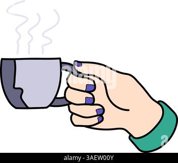 Hand hält Heißgetränk Tasse Hand gezeichnet Farbe Vektor Illustration Stock Vektor