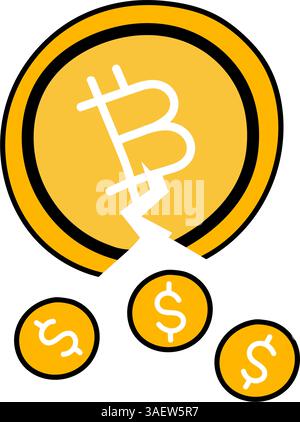 bitcoin Kryptokurerenz Münze und Dollar Hand gezeichnete Farbe Vektor Illustration Stock Vektor