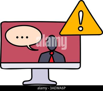 Gefälschte Nachrichten Warnung Computermonitor mit Schild Hand gezeichnete Farbvektor-Illustration Stock Vektor