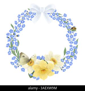 Runder Kranzrahmen mit Blumen aus blauen Vergissmeinnots und gelben und weißen Narzissen, Schmetterling und Marienkäfer. Ein Element für die Konstruktion Stockfoto