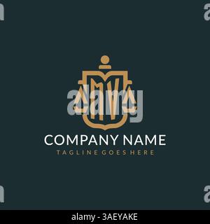 Ursprüngliches MV-Logo für Anwaltskanzlei mit luxuriösem, modernem Maßstab und Schildsymbol-Logo-Vektorgrafik Stock Vektor