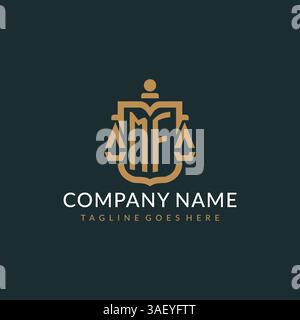 Ursprüngliches MF-Logo für Anwaltskanzlei mit luxuriösem, modernem Maßstab und Schildsymbol-Logo-Vektorgrafik Stock Vektor