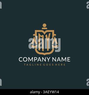 Initial MY Logo für Anwaltskanzlei mit luxuriösem modernem Maßstab und Schildsymbol Logo-Vektorgrafik Stock Vektor