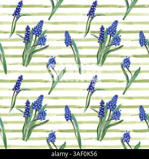 Nahtloses, wiederholtes Muster mit blauer Traubenhyazinthe, Muscari-Blüten auf horizontalen grünen Pinselstrichen Hintergrund. Handgezeichnete Aquarellillustration Stockfoto