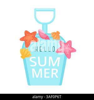 Sommer-Illustration. Hallo Sommer, Text in einer blauen Kinderschaufel, dekoriert mit bunten Seesternen und Muscheln. Zeichentrickstil. Stock Vektor