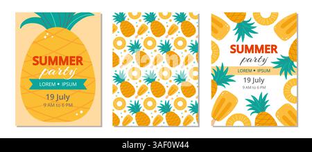 Set mit Vorlagen für Einladungen zu Sommerpartys mit Ananas- und Schnittmotiven. Vektorabbildungen. Stock Vektor