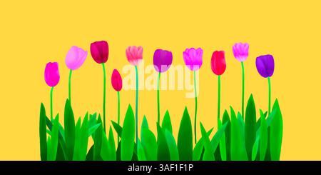 Schöne Tulpen auf gelbem Hintergrund. Farbenfrohes nahtloses Muster mit Frühlingsblumen. Blumenvorlage für Ostern. Stockfoto