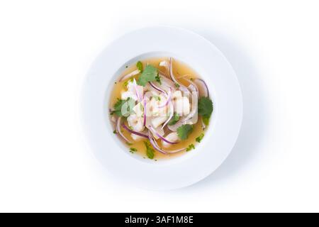 Traditionelles peruanisches Ceviche-Wolfsbarschfilet isoliert auf weißem Hintergrund. Stockfoto