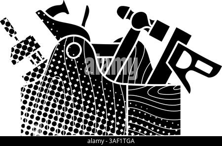 Werkzeuge im Holzwerkzeugkasten schwarz handgezeichnetes Symbol im Rasterstil Stock Vektor