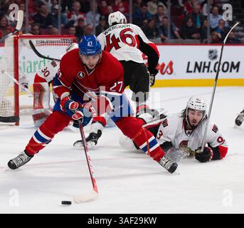 12. März 2015: Das Montreal Canadiens Center Alex Galchenyuk #27 kontrolliert den Puck während eines NHL-Spiels zwischen den Ottawa Senators und den Montreal Canadiens im Bell Centre in Montreal, Quebec, Kanada. Die Ottawa Senators besiegten die Montreal Canadiens mit 5:2. Philippe Bouchard/CSM(Bild: © Philippe Bouchard/Cal Sport Medi/Cal Sport Media/ZUMAPRESS.com) Stockfoto