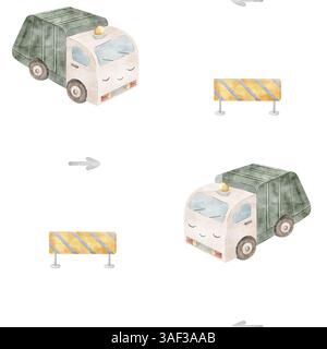 Musterkorb-Truck, Auto-Charakter mit Augen. Aquarellillustration des lustigen Transports, Kinderdruck auf Hintergrund für Textildesign, Stoff Stockfoto