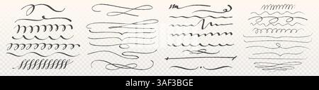 Handgezeichnetes Highlight Strikes Set – verschiedene dekorative Doodle Swooshes, Wirbel und Unterstreichungen. Kalligraphische Akzentkritzeleien. Gewellte Retro-Linien, knackige Trennwände, lockige Trennzeichen für Vintage-Design Stock Vektor