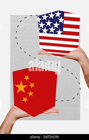Zine kreative vertikale Foto Collage von Händen halten Cube china amerika Flagge Embargo Regierung Problem Konfrontation Logistik Stockfoto