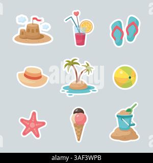Sommer-Aufkleber-Set. Niedliche Sommer-Ikonen-Kollektion, Stickerset. Sommerzeitelemente. Strandurlaube Elemente. Illustration des Zeichentrickvektors. Flaches Design. Stock Vektor