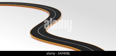 3D-Autobahnkurve mit schwarzer Asphaltoberfläche und gelben Kanten. Weiße Trennlinie verläuft durch die Mitte des realistischen Wickelwegs. Minimalistisches Rennstrecken-Design für Infografiken. Stock Vektor