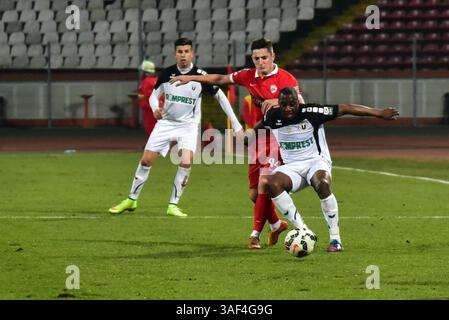 28. Februar 2015: Steliano Filip #94 von Dinamo Bukarest in Rot und Sergio Zijler #14 von U Cluj-Napoca in weiß im Spiel der Liga I zwischen FC Dinamo Bukarest ROU und FC Universitatea Cluj ROU im Dinamo-Stadion, Rumänien ROU. Catalin Soare / www.sportaction.ro(Bild: © Catalin Soare/Cal Sport Media/ZUMAPRESS.com) Stockfoto