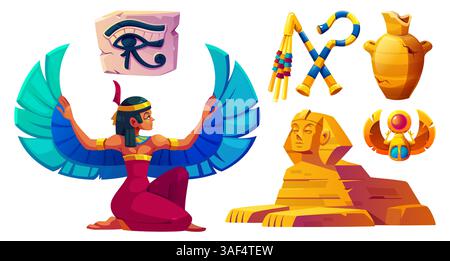 Set aus Dekorationselementen aus altägyptischem Stil – Tontöpfe und gestreifte Vasen, Ushabti-Figur, Horusauge, Pyramiden und Hieroglyphensteinplatte. Zeichentrick, historisches Grabdekor, Archäologiesymbol Stock Vektor