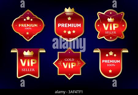 Rote und goldene Premium-VIP-Verkäuferetiketten – Bänder und Siegel, Abzeichen und Aufkleber. Elegante Form glänzende goldene Borten mit Kronen und Sternen. Luxuriöse Designelemente für exklusive, hochwertige Produkte. Stock Vektor