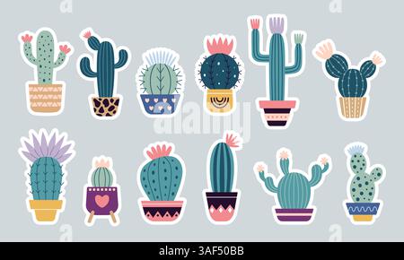Set aus bunten blühenden Kakteen, saftig in Topfaufklebern. Niedlicher handgezeichneter Kakteen. Doodle-Stil, flaches Design. Skandinavischer Boho-Stil. Vektor. Exotische und tropische Pflanzen, Wohnkultur Aufkleber Pack Stock Vektor