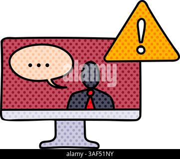 Gefälschte Nachrichten Warnung Computermonitor mit Zeichen Halbton Hand gezeichnete Farbvektor Illustration Stock Vektor