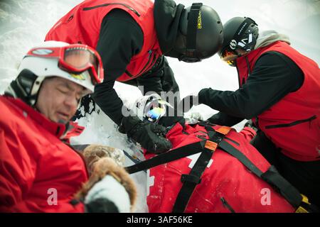 13. Februar 2015 - Collingwood, Ontario, Kanada - 13. Februar 2015 - Collingwood, Ontario - mehrere Patrouillenteams üben eine Rückenmarkserholung und Immobilisierung auf dem Berg. Blue Mountain ist eines der größten Skigebiete im Osten Kanadas und hat so viele, wenn nicht mehr Skifahrer und Boarder pro Jahr als viele andere Skigebiete im Westen der Rocky Mountains. Aus diesem Grund sind die Ski Patrol Teams Vollzeitpersonal und gehören zu den am besten ausgebildeten im Land. (Bild: © James Macdonald/ZUMA Wire) Stockfoto