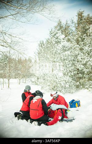 13. Februar 2015 - Collingwood, Ontario, Kanada - 13. Februar 2015 - Collingwood, Ontario - mehrere Patrouillenteams üben eine Rückenmarkserholung und Immobilisierung auf dem Berg. Blue Mountain ist eines der größten Skigebiete im Osten Kanadas und hat so viele, wenn nicht mehr Skifahrer und Boarder pro Jahr als viele andere Skigebiete im Westen der Rocky Mountains. Aus diesem Grund sind die Ski Patrol Teams Vollzeitpersonal und gehören zu den am besten ausgebildeten im Land. (Bild: © James Macdonald/ZUMA Wire) Stockfoto