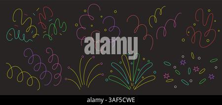 Doodle Confetti Burst Set – farbenfrohe handgezeichnete Squiggles und kurvige Linien, Wirbel mit Sternen und Kreisen. Set mit dekorativen Elementen für festliche Partyfeiern. Kindlicher Freihandstil isolierter Vektor. Stock Vektor