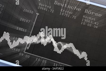 07. April 2025, Hessen, Frankfurt/Main: Ein Kursverlust wird auf der Anzeigetafel mit der Dax-Kurve in der Handelshalle der Frankfurter Wertpapierbörse angezeigt (Bild mit Zoom-Effekt). Zu Beginn der neuen Handelswoche fiel der deutsche Aktienindex (Dax) um rund zehn Prozent. Foto: Arne Dedert/dpa Stockfoto
