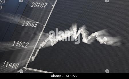 07. April 2025, Hessen, Frankfurt/Main: Ein Kursverlust wird auf der Anzeigetafel mit der Dax-Kurve in der Handelshalle der Frankfurter Wertpapierbörse angezeigt (Bild mit Zoom-Effekt). Zu Beginn der neuen Handelswoche fiel der deutsche Aktienindex (Dax) um rund zehn Prozent. Foto: Arne Dedert/dpa Stockfoto