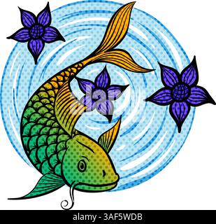 Hand gezeichneter Koi-Fisch mit Lotusblume-Halbton-Farbvektor-Illustration Stock Vektor