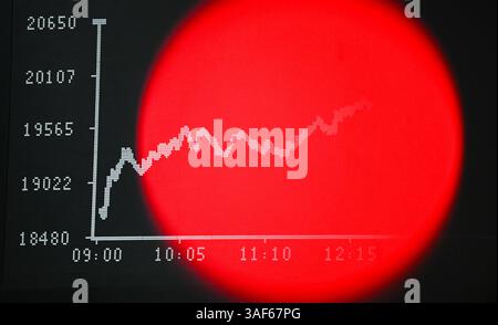07. April 2025, Hessen, Frankfurt/Main: Das rote Licht einer TV-Kamera ist vor der Anzeigetafel mit der Dax-Kurve in der Handelshalle der Frankfurter Börse zu sehen. Zu Beginn der neuen Handelswoche sank der deutsche Aktienindex (Dax) um rund zehn Prozent. Foto: Arne Dedert/dpa Stockfoto