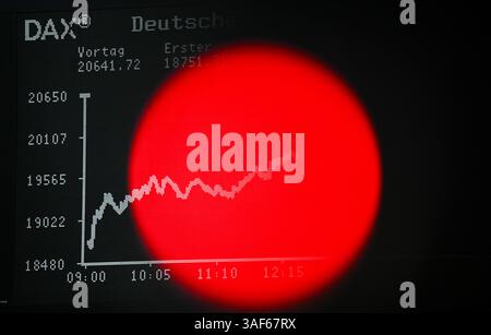 07. April 2025, Hessen, Frankfurt/Main: Das rote Licht einer TV-Kamera ist vor der Anzeigetafel mit der Dax-Kurve in der Handelshalle der Frankfurter Börse zu sehen. Zu Beginn der neuen Handelswoche sank der deutsche Aktienindex (Dax) um rund zehn Prozent. Foto: Arne Dedert/dpa Stockfoto