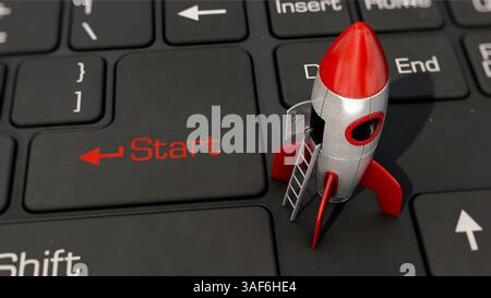 Rakete bereit zum Start auf der Tastatur Stockfoto