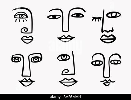 Modeschubismus eine Linie Zeichnung Frau Gesicht Set Stock Vektor
