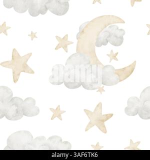 Aquarellmuster aus Mond, Sternen und Wolken in Pastellbeigen. Illustration des Hintergrunds mit Sichel in einem Himmel für Kinderzimmer Tapete, kindliche Bettwäsche oder Baby-Dusche Hintergrund. Stockfoto