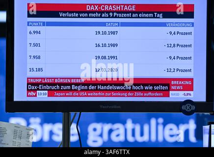 07. April 2025, Hessen, Frankfurt/Main: Während die ntv Börsennachrichten auf einem Monitor im Handelsraum der Frankfurter Wertpapierbörse gezeigt werden, wird im Hintergrund auf einem Förderband die Worte „Börsengratulierung“ angezeigt. Zu Beginn der neuen Handelswoche fiel der deutsche Aktienindex (Dax) um rund zehn Prozent. Foto: Arne Dedert/dpa Stockfoto