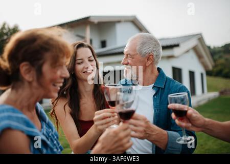 Familien-Toast mit Wein während des Familiengrills im Frühjahr. Stockfoto