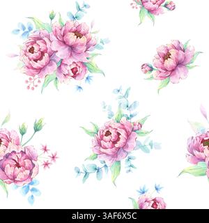 Üppige Pfingstrosenblüte – nahtloses Blumenmuster in Aquarellen. Eukalyptuszweige und frische grüne Blätter in zartem Stil. Ideal für Schreibwaren und Geschenkverpackungen Stockfoto