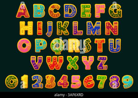 Afrikanische, aztekische oder Maya-Stammesschriftart. Dekoratives Alphabet mit exotischem ethnischen Muster. Comic Folk Schriftzug und Zahlensatz 0-9 für Textilien Stock Vektor