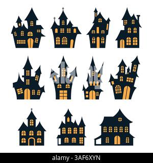 Set mit gespenstischen Häusersilhouetten mit gruseliger Architektur. Halloween Geisterhäuser Stock Vektor