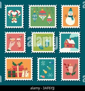 Satz Weihnachtsbriefmarken mit Ornamenten, Fäustlingen, Schneemann, Geschenken, gemütlichem Haus, und Weihnachtsdekoration Stock Vektor