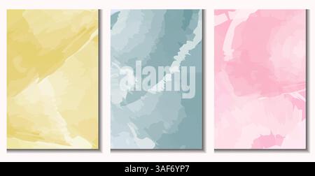 Ein Satz Aquarellbanner. Aquarellkarten in blauen, gelben und rosa Farben. Abstrakte Aquarellhintergründe. Bearbeitbare Kontur. Stock Vektor