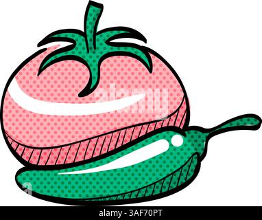 Tomaten und Pfeffer Halbton Symbol Hand gezeichnete Farbe Vektor Illustration Stock Vektor