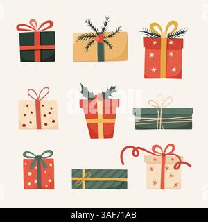 Neun farbenfrohe Geschenkboxen. Festliche Geschenke mit dekorativen Schleifen und Weihnachtselementen wie stechpalmen- und Kiefernzweigen Stock Vektor