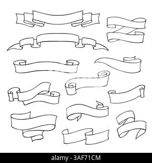 Handgezeichnete Bänder in verschiedenen Formen und Designs. Dekorative Elemente für Illustrationen oder Grafikprojekte Stock Vektor